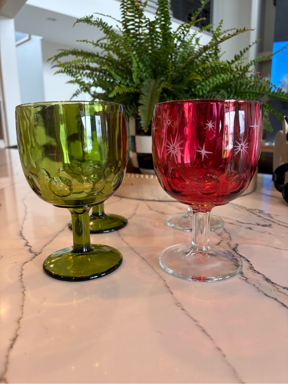 Set of 4  1960’s Bartlett Thumbprint Goblets. 2 Green and 2 Atomic Cranberry.